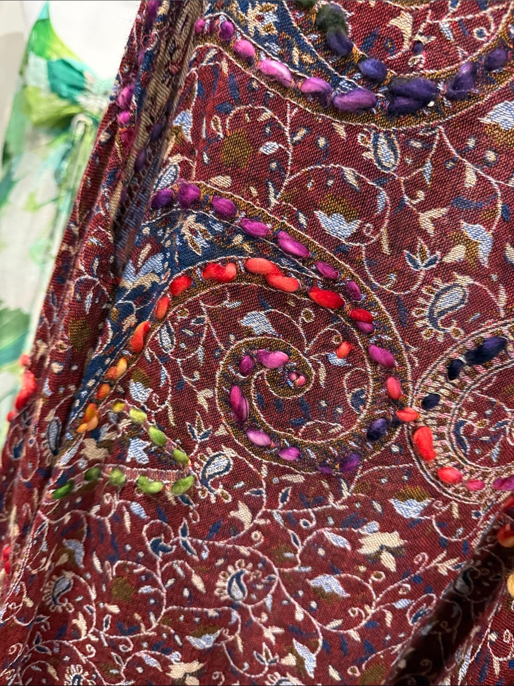 Raj Burgundy Floral Fringe Maxi Cardigan with Multicolor Accents - Picture 6 of 7